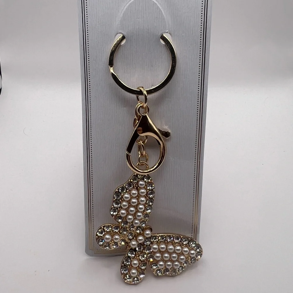 Brand New Gold Butterfly Keychain Faux Pearls and lots of Sparkle